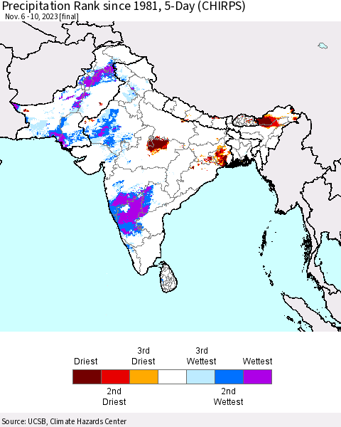 Southern Asia Precipitation Rank since 1981, 5-Day (CHIRPS) Thematic Map For 11/6/2023 - 11/10/2023