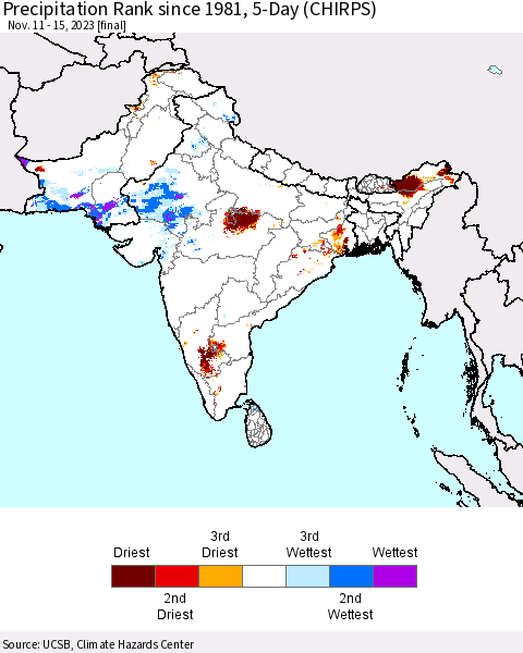Southern Asia Precipitation Rank since 1981, 5-Day (CHIRPS) Thematic Map For 11/11/2023 - 11/15/2023