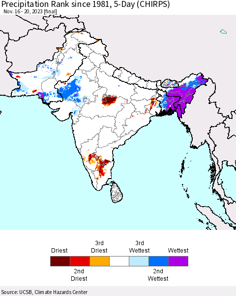 Southern Asia Precipitation Rank since 1981, 5-Day (CHIRPS) Thematic Map For 11/16/2023 - 11/20/2023