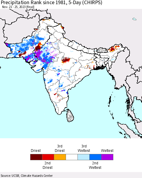Southern Asia Precipitation Rank since 1981, 5-Day (CHIRPS) Thematic Map For 11/21/2023 - 11/25/2023