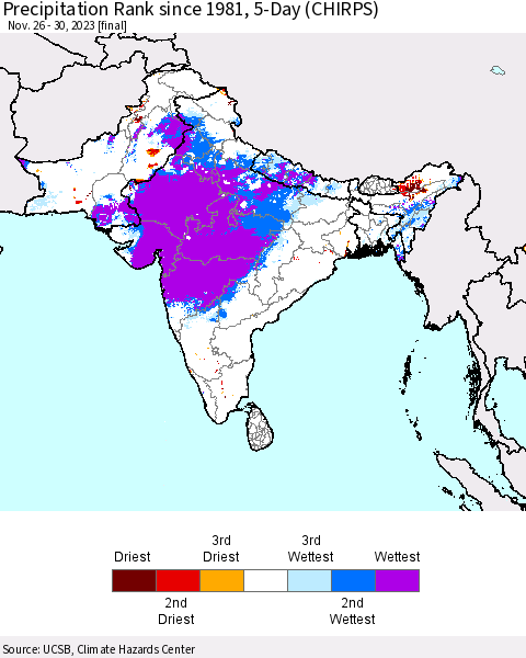 Southern Asia Precipitation Rank since 1981, 5-Day (CHIRPS) Thematic Map For 11/26/2023 - 11/30/2023