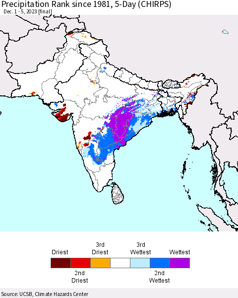 Southern Asia Precipitation Rank since 1981, 5-Day (CHIRPS) Thematic Map For 12/1/2023 - 12/5/2023