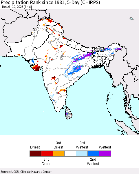 Southern Asia Precipitation Rank since 1981, 5-Day (CHIRPS) Thematic Map For 12/6/2023 - 12/10/2023