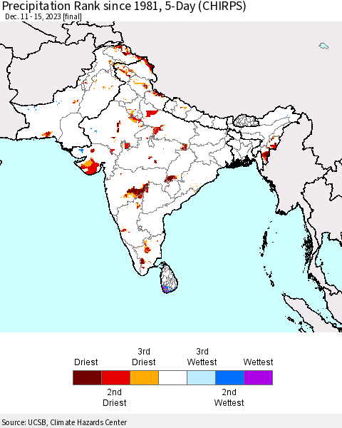 Southern Asia Precipitation Rank since 1981, 5-Day (CHIRPS) Thematic Map For 12/11/2023 - 12/15/2023