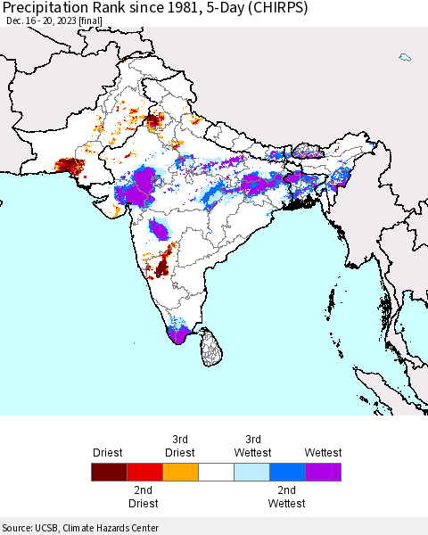 Southern Asia Precipitation Rank since 1981, 5-Day (CHIRPS) Thematic Map For 12/16/2023 - 12/20/2023