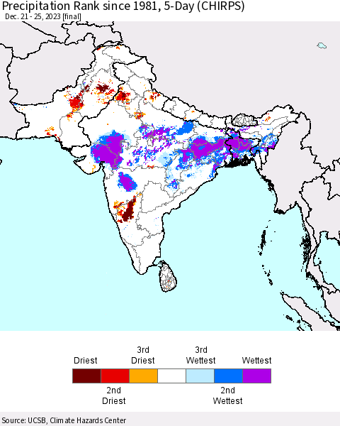 Southern Asia Precipitation Rank since 1981, 5-Day (CHIRPS) Thematic Map For 12/21/2023 - 12/25/2023
