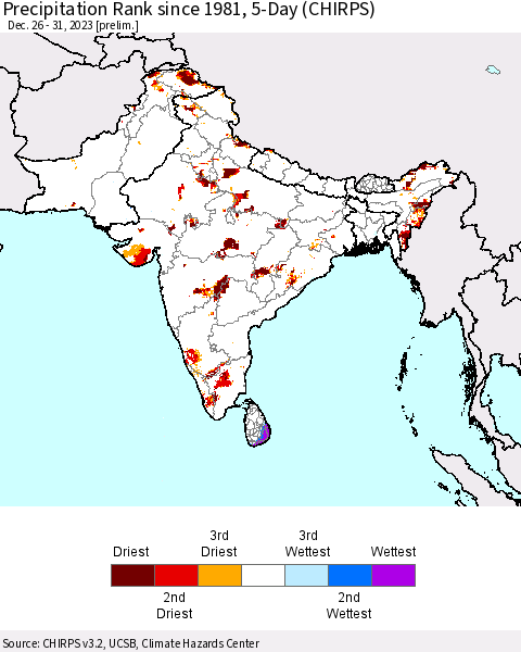 Southern Asia Precipitation Rank since 1981, 5-Day (CHIRPS) Thematic Map For 12/26/2023 - 12/31/2023