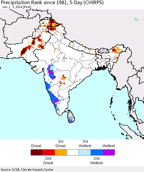 Southern Asia Precipitation Rank since 1981, 5-Day (CHIRPS) Thematic Map For 1/1/2024 - 1/5/2024