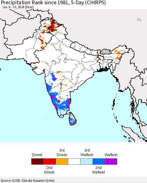 Southern Asia Precipitation Rank since 1981, 5-Day (CHIRPS) Thematic Map For 1/6/2024 - 1/10/2024