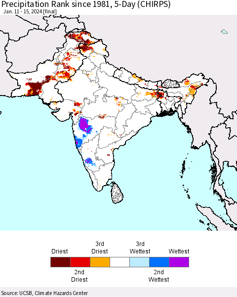 Southern Asia Precipitation Rank since 1981, 5-Day (CHIRPS) Thematic Map For 1/11/2024 - 1/15/2024