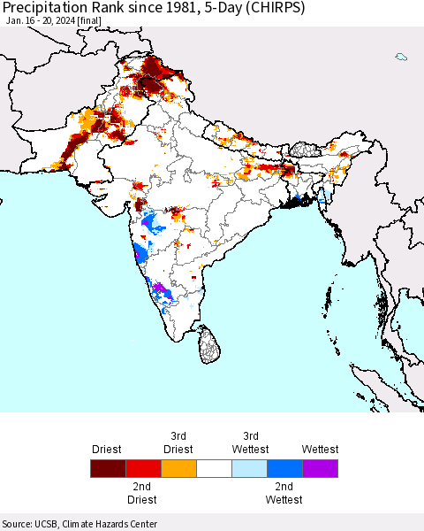 Southern Asia Precipitation Rank since 1981, 5-Day (CHIRPS) Thematic Map For 1/16/2024 - 1/20/2024
