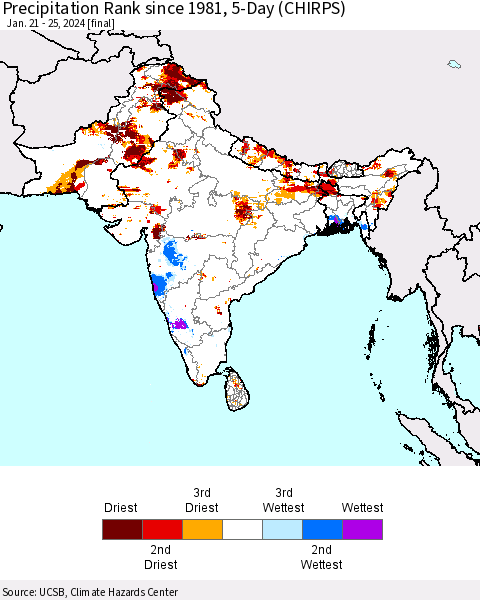Southern Asia Precipitation Rank since 1981, 5-Day (CHIRPS) Thematic Map For 1/21/2024 - 1/25/2024