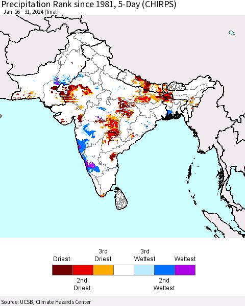 Southern Asia Precipitation Rank since 1981, 5-Day (CHIRPS) Thematic Map For 1/26/2024 - 1/31/2024