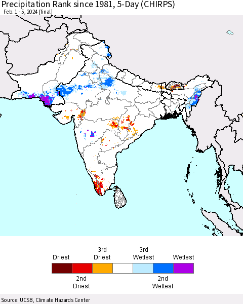 Southern Asia Precipitation Rank since 1981, 5-Day (CHIRPS) Thematic Map For 2/1/2024 - 2/5/2024