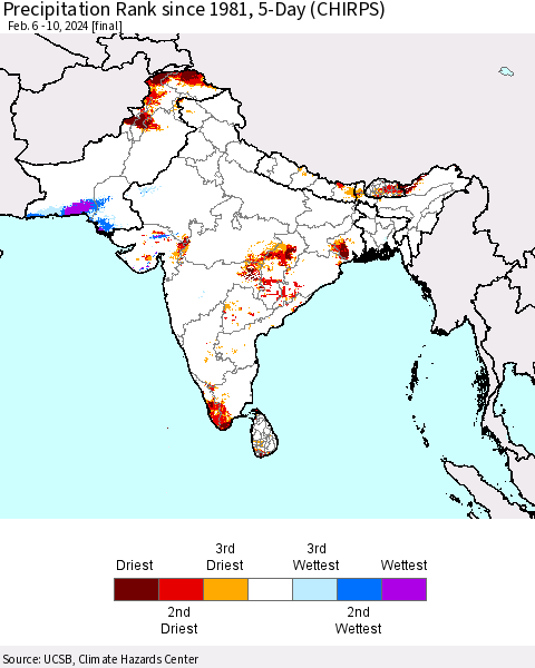 Southern Asia Precipitation Rank since 1981, 5-Day (CHIRPS) Thematic Map For 2/6/2024 - 2/10/2024