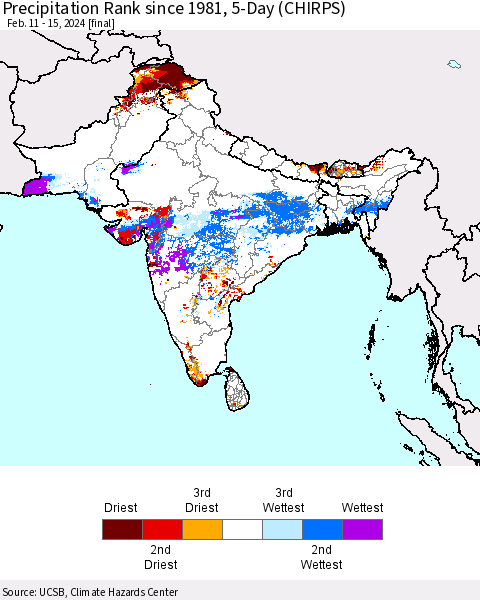 Southern Asia Precipitation Rank since 1981, 5-Day (CHIRPS) Thematic Map For 2/11/2024 - 2/15/2024