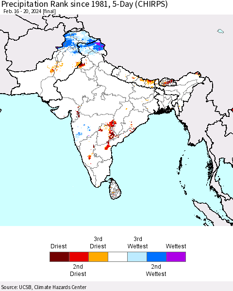 Southern Asia Precipitation Rank since 1981, 5-Day (CHIRPS) Thematic Map For 2/16/2024 - 2/20/2024