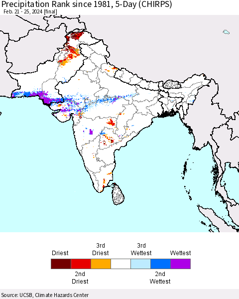 Southern Asia Precipitation Rank since 1981, 5-Day (CHIRPS) Thematic Map For 2/21/2024 - 2/25/2024