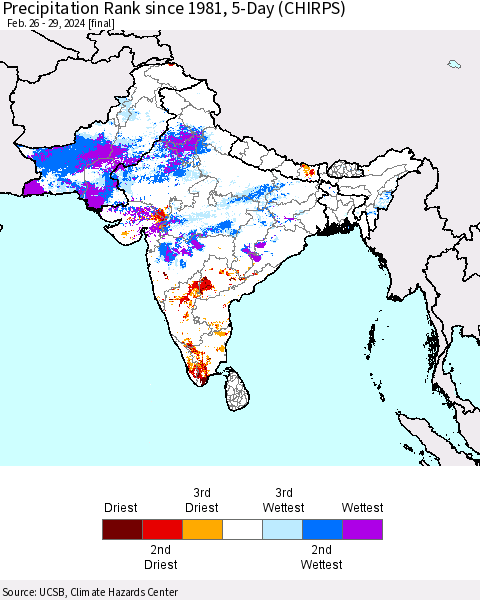 Southern Asia Precipitation Rank since 1981, 5-Day (CHIRPS) Thematic Map For 2/26/2024 - 2/29/2024