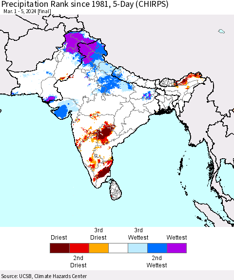 Southern Asia Precipitation Rank since 1981, 5-Day (CHIRPS) Thematic Map For 3/1/2024 - 3/5/2024