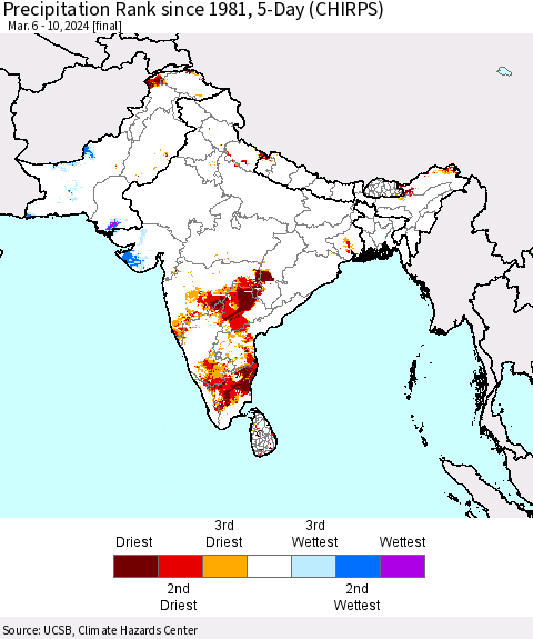 Southern Asia Precipitation Rank since 1981, 5-Day (CHIRPS) Thematic Map For 3/6/2024 - 3/10/2024