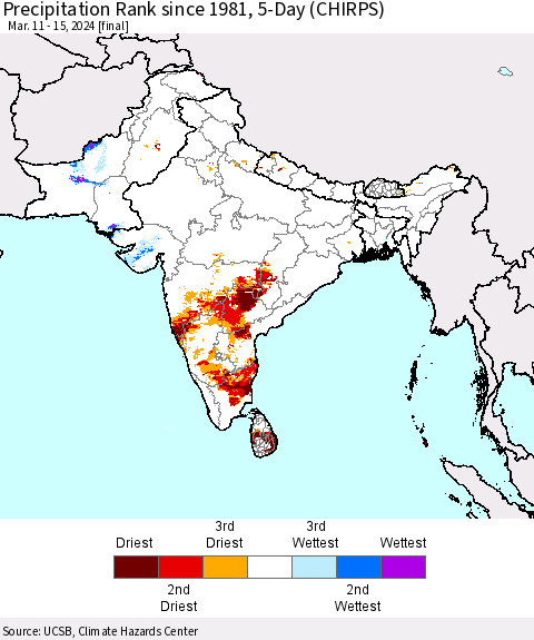 Southern Asia Precipitation Rank since 1981, 5-Day (CHIRPS) Thematic Map For 3/11/2024 - 3/15/2024