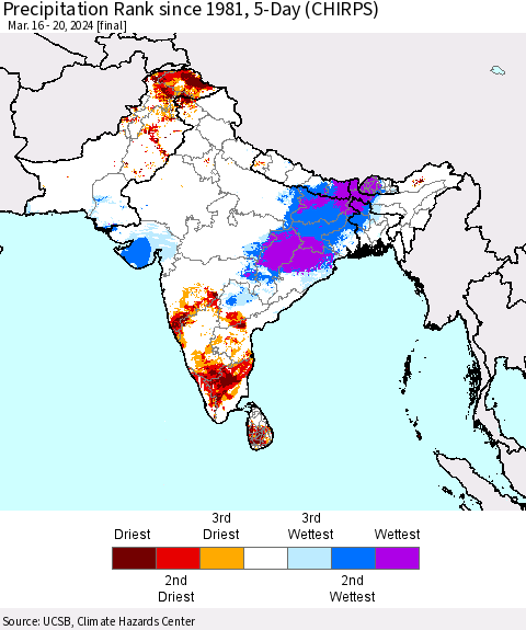 Southern Asia Precipitation Rank since 1981, 5-Day (CHIRPS) Thematic Map For 3/16/2024 - 3/20/2024