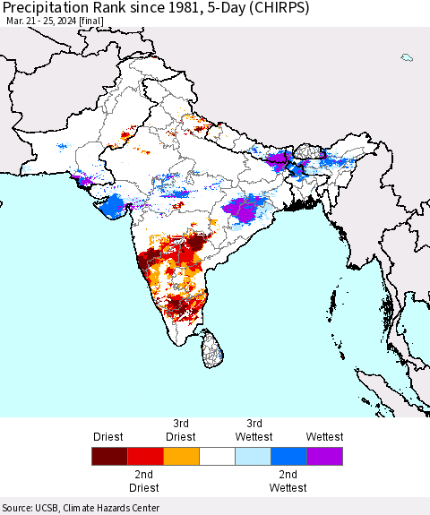 Southern Asia Precipitation Rank since 1981, 5-Day (CHIRPS) Thematic Map For 3/21/2024 - 3/25/2024