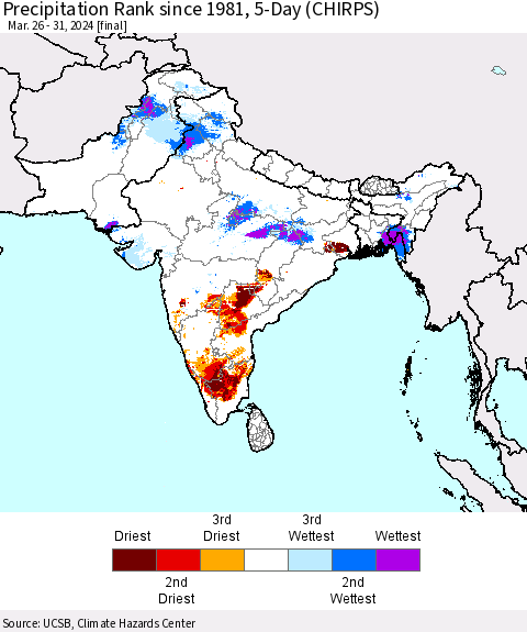 Southern Asia Precipitation Rank since 1981, 5-Day (CHIRPS) Thematic Map For 3/26/2024 - 3/31/2024
