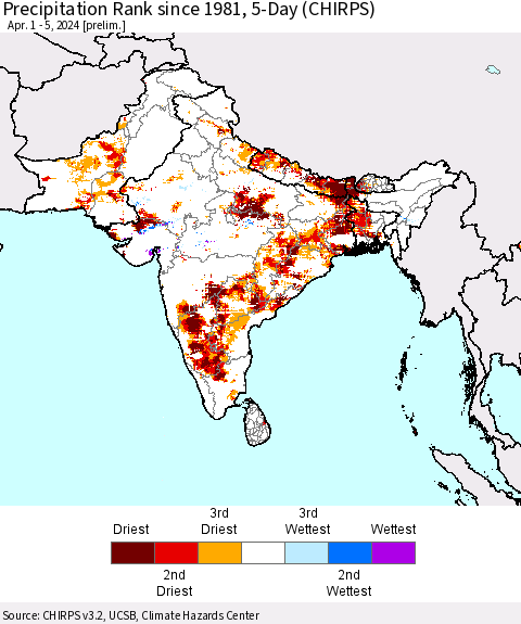 Southern Asia Precipitation Rank since 1981, 5-Day (CHIRPS) Thematic Map For 4/1/2024 - 4/5/2024