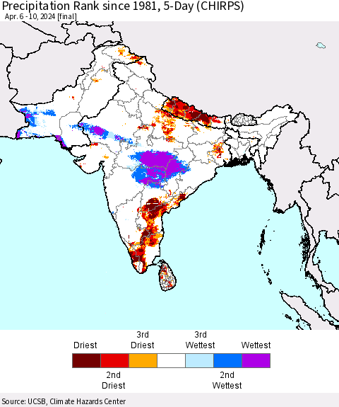 Southern Asia Precipitation Rank since 1981, 5-Day (CHIRPS) Thematic Map For 4/6/2024 - 4/10/2024