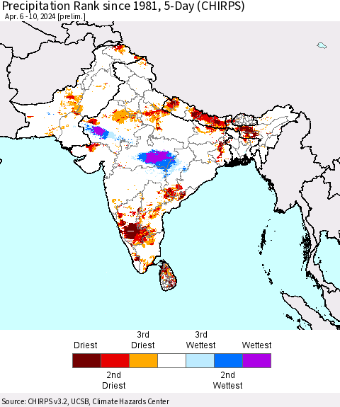 Southern Asia Precipitation Rank since 1981, 5-Day (CHIRPS) Thematic Map For 4/6/2024 - 4/10/2024