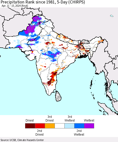 Southern Asia Precipitation Rank since 1981, 5-Day (CHIRPS) Thematic Map For 4/11/2024 - 4/15/2024