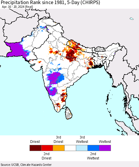 Southern Asia Precipitation Rank since 1981, 5-Day (CHIRPS) Thematic Map For 4/16/2024 - 4/20/2024
