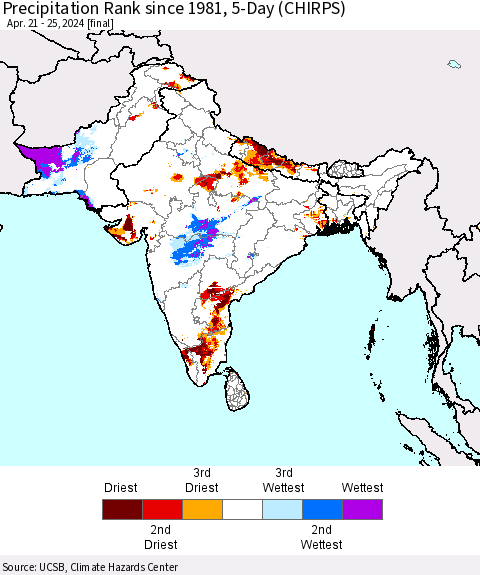 Southern Asia Precipitation Rank since 1981, 5-Day (CHIRPS) Thematic Map For 4/21/2024 - 4/25/2024