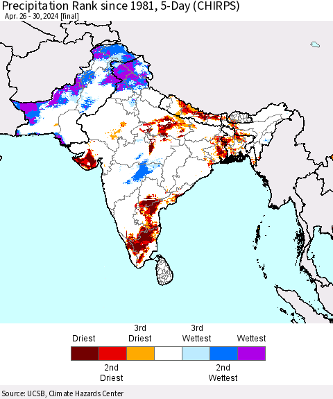 Southern Asia Precipitation Rank since 1981, 5-Day (CHIRPS) Thematic Map For 4/26/2024 - 4/30/2024