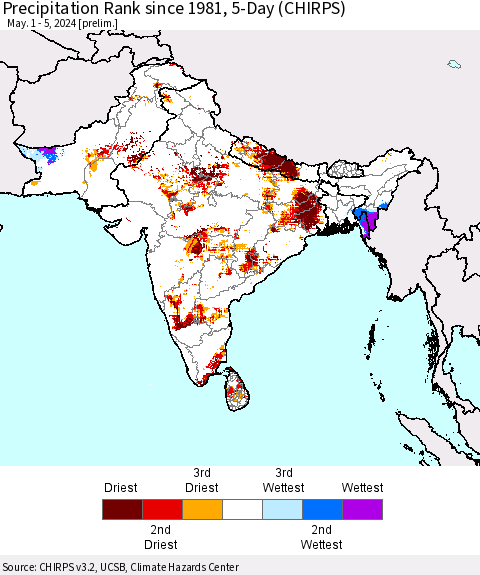 Southern Asia Precipitation Rank since 1981, 5-Day (CHIRPS) Thematic Map For 5/1/2024 - 5/5/2024