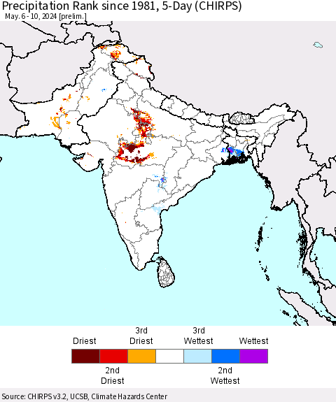 Southern Asia Precipitation Rank since 1981, 5-Day (CHIRPS) Thematic Map For 5/6/2024 - 5/10/2024