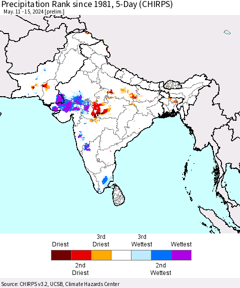 Southern Asia Precipitation Rank since 1981, 5-Day (CHIRPS) Thematic Map For 5/11/2024 - 5/15/2024
