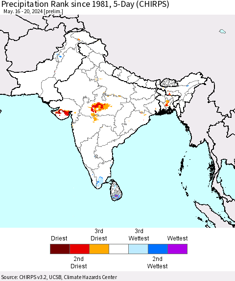 Southern Asia Precipitation Rank since 1981, 5-Day (CHIRPS) Thematic Map For 5/16/2024 - 5/20/2024