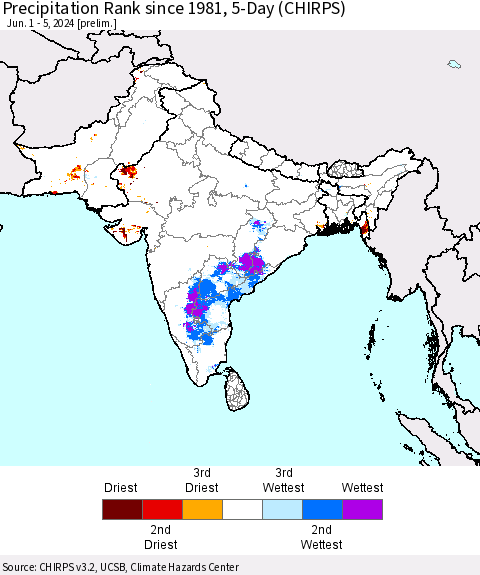 Southern Asia Precipitation Rank since 1981, 5-Day (CHIRPS) Thematic Map For 6/1/2024 - 6/5/2024