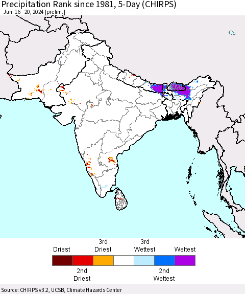 Southern Asia Precipitation Rank since 1981, 5-Day (CHIRPS) Thematic Map For 6/16/2024 - 6/20/2024