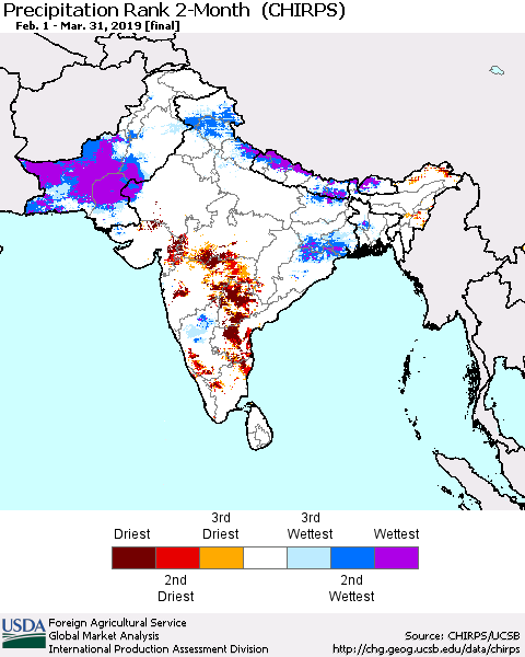 Southern Asia Precipitation Rank since 1981, 2-Month (CHIRPS) Thematic Map For 2/1/2019 - 3/31/2019