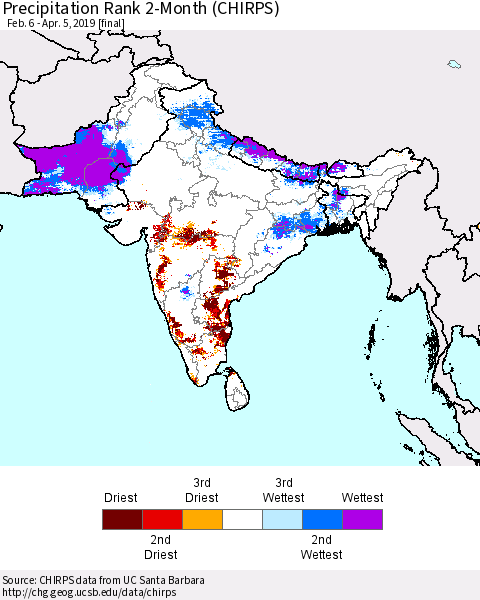 Southern Asia Precipitation Rank 2-Month (CHIRPS) Thematic Map For 2/6/2019 - 4/5/2019