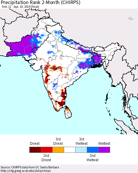 Southern Asia Precipitation Rank 2-Month (CHIRPS) Thematic Map For 2/11/2019 - 4/10/2019