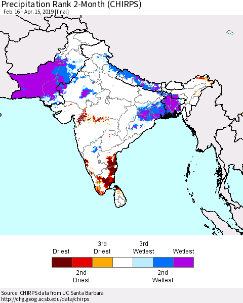 Southern Asia Precipitation Rank 2-Month (CHIRPS) Thematic Map For 2/16/2019 - 4/15/2019