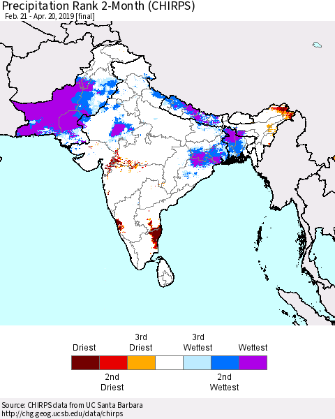 Southern Asia Precipitation Rank since 1981, 2-Month (CHIRPS) Thematic Map For 2/21/2019 - 4/20/2019