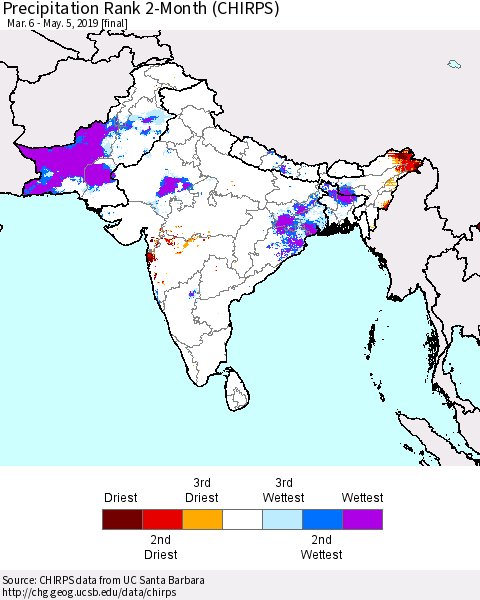 Southern Asia Precipitation Rank 2-Month (CHIRPS) Thematic Map For 3/6/2019 - 5/5/2019