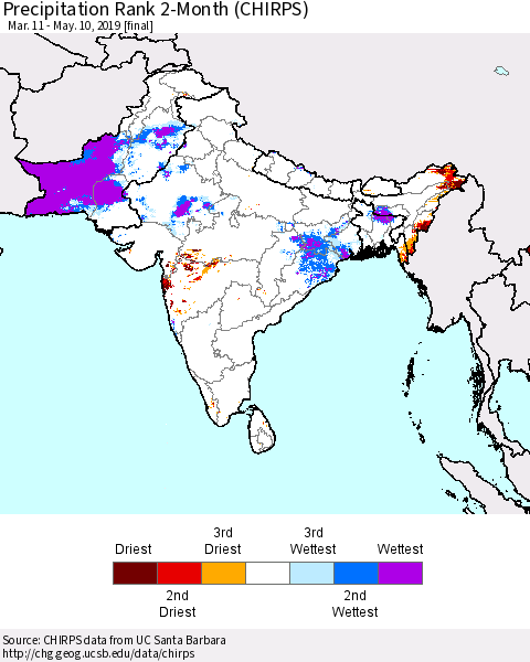 Southern Asia Precipitation Rank since 1981, 2-Month (CHIRPS) Thematic Map For 3/11/2019 - 5/10/2019