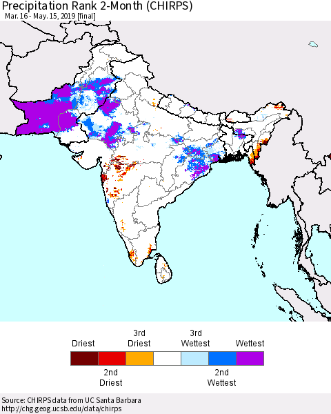 Southern Asia Precipitation Rank 2-Month (CHIRPS) Thematic Map For 3/16/2019 - 5/15/2019